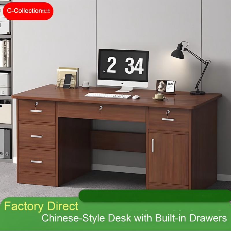 [Kineski stil] Kancelarijska radna stanica, Direktorski sto, Kancelarijski sto i stolica za osoblje - Preporuka [Pet fioka + Ormarić] Tamni orah 140cm