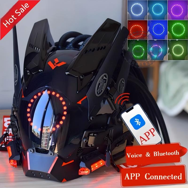 麒麟头盔，赛博朋克面具，铁血战士头盔，cosplay男机甲发光全脸头套头盔【非专业机车头盔】 - 顶配升级充电变色辫子版本