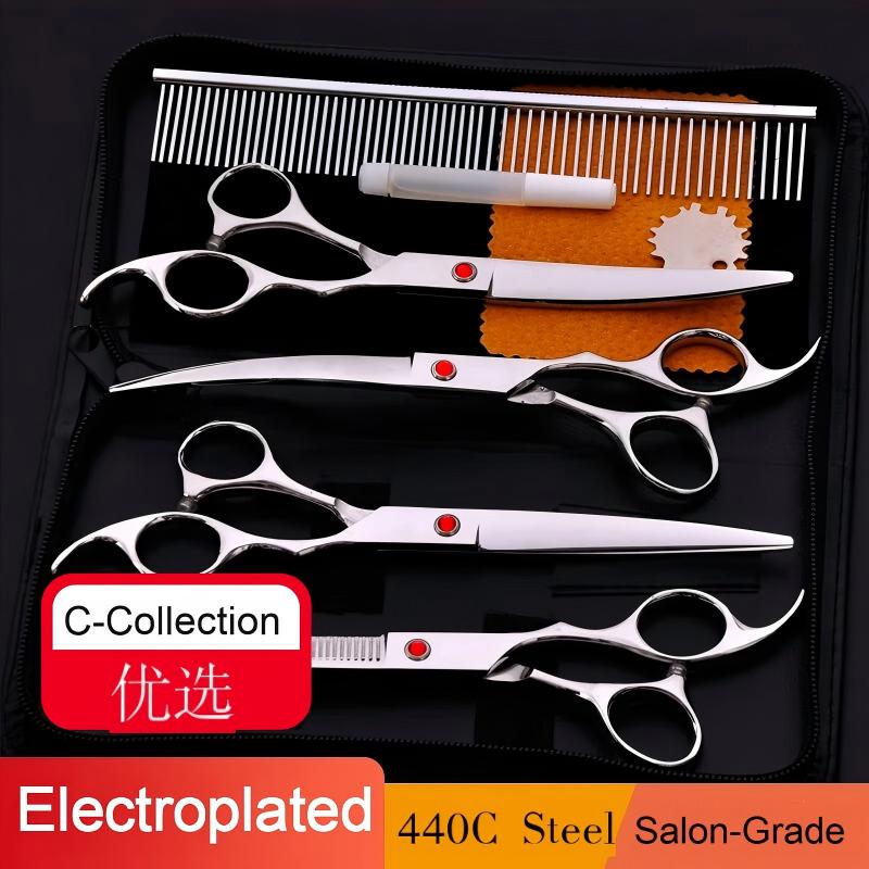 Set makaza za negu ljubimaca — 7-delni profesionalni komplet za podrezivanje za pse i mačke, dizajniran za groomere - 7-delni set makaza — Srebrna