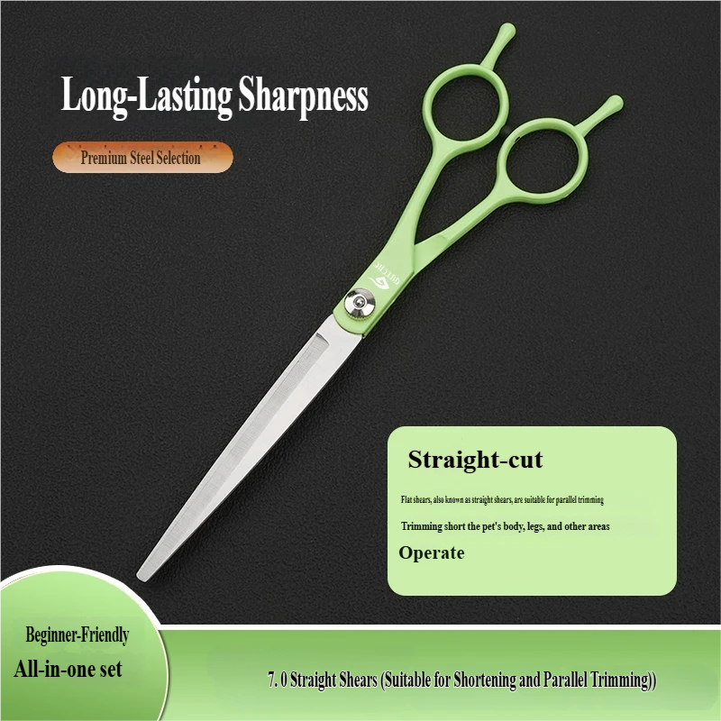 7-inčne zakrivljene makaze za negu — Zelena serija, za pse i mačke - 031 [Ravne makaze]