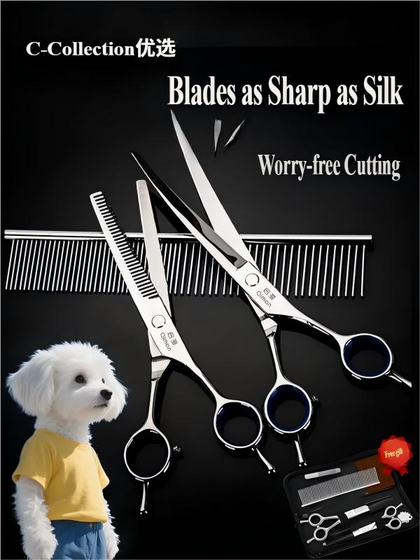 Profesionalne zakrivljene makaze za negu pasa. Savršene za podrezivanje i oblikovanje dlake na pudlama, bišonima i drugim rasama. Ergonomski dizajn za udobnu upotrebu. - Set makaza za negu 