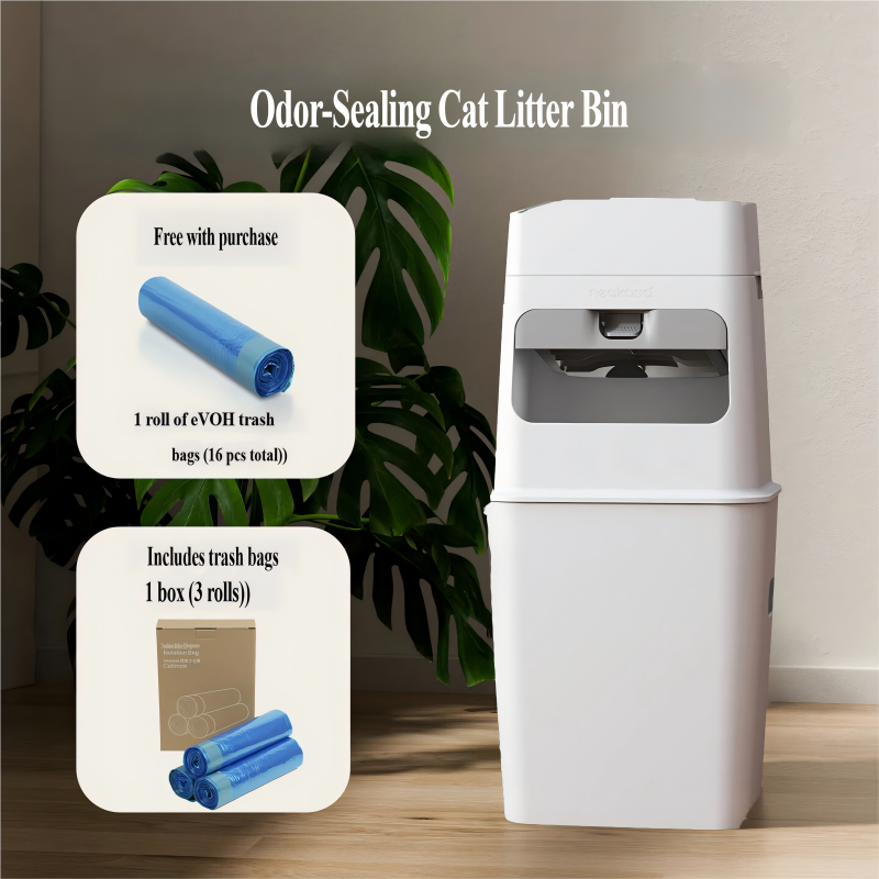 Kanta za smeće za mačji izmet koja zadržava miris — Hermetički zatvorena, blokira kiseonik i bakterije, Profesionalna kanta za fekalije za mačke i pse - Bela kanta za izmet koja zadržava miris — Uključuje 4 rolne eVOH kesa za otpad