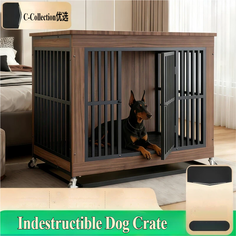 室内狗笼子狗笼小型犬中型犬大型犬狗笼子带厕所金毛边牧狗笼家用 - 全方管升级款【木胡桃】钢木结构/小号|40斤内适用【80*55*77】/【全新升级】环保木可置物狗笼